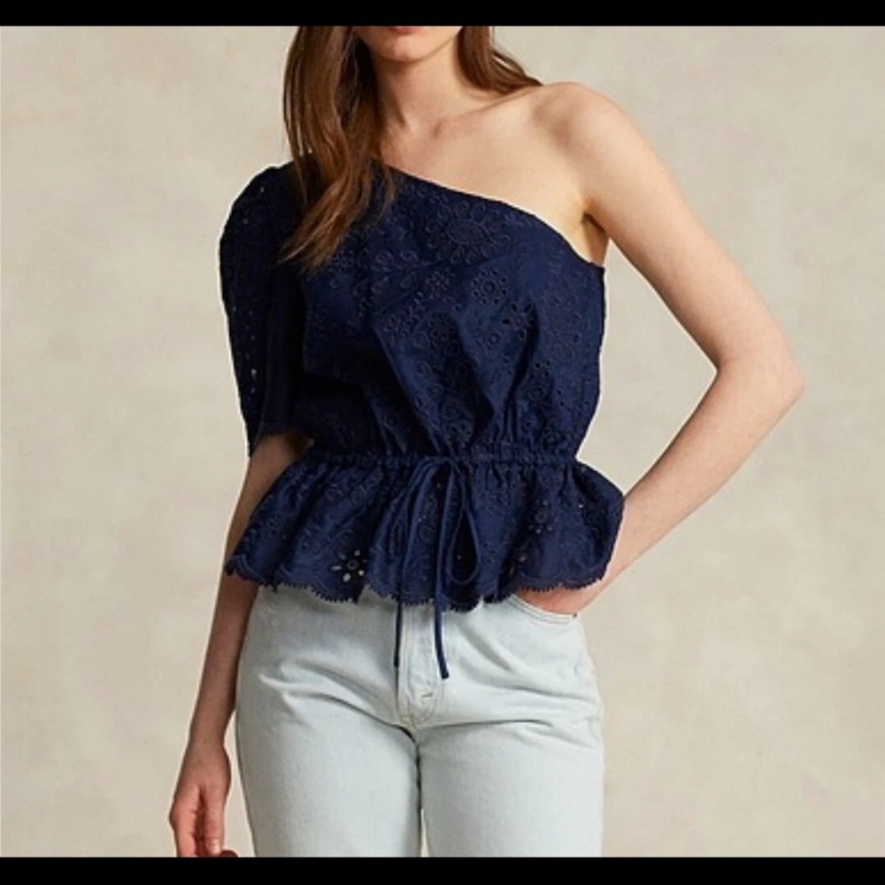 Polo By Ralph Lauren One Shoulder Eyelet Scalloped Tie Waist Top Nautical